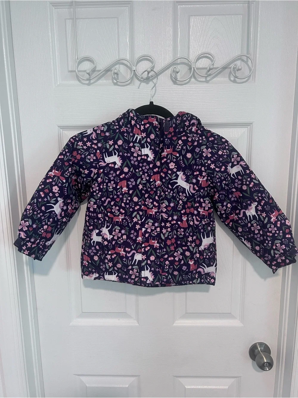 The Children’s Place Kids' Navy Floral Unicorn Puffer Jacket. Size 4T